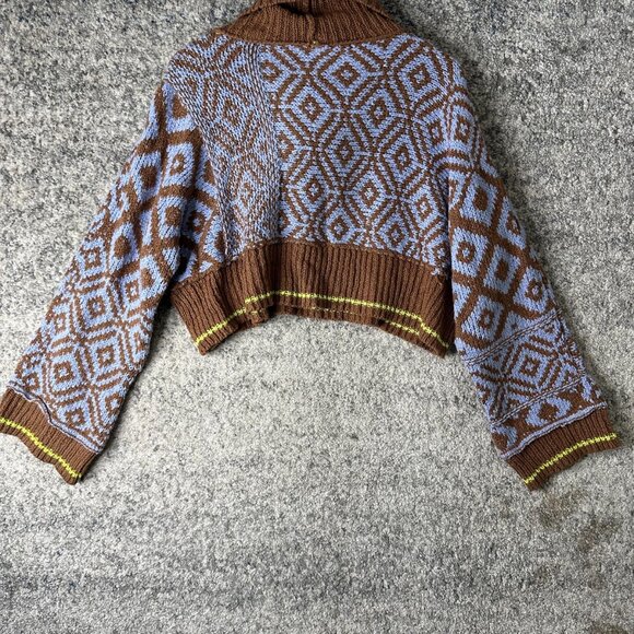 Free People Sweater Womens Small Brown Blue Cropped Shawl Collar Geometric Knit - Picture 4 of 8